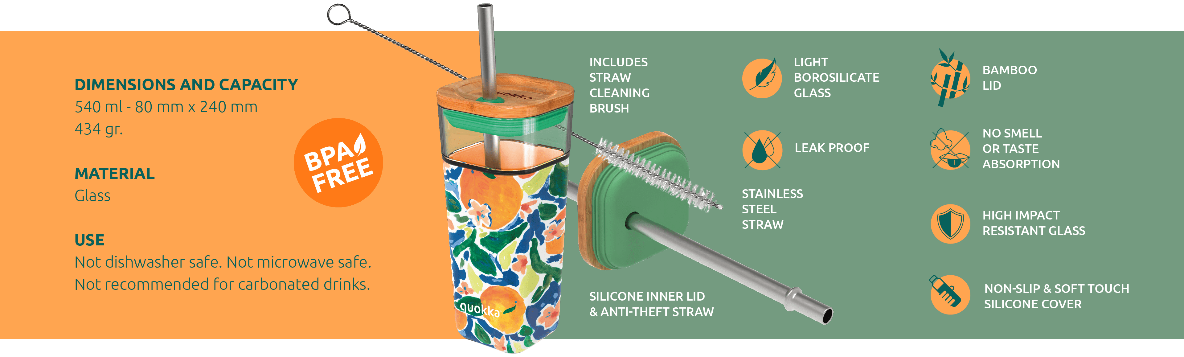 QUOKKA GLASS STRAW TUMBLER WITH SILICONE COVER LIQUID CUBE ORANGES 540 ML