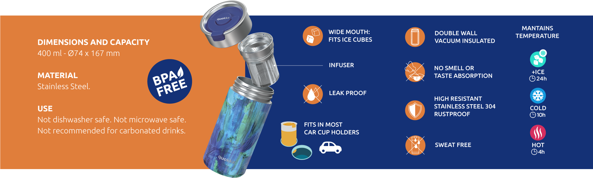 QUOKKA THERMAL SS COFFEE TUMBLER BOOST BLUE PAINT 400 ML