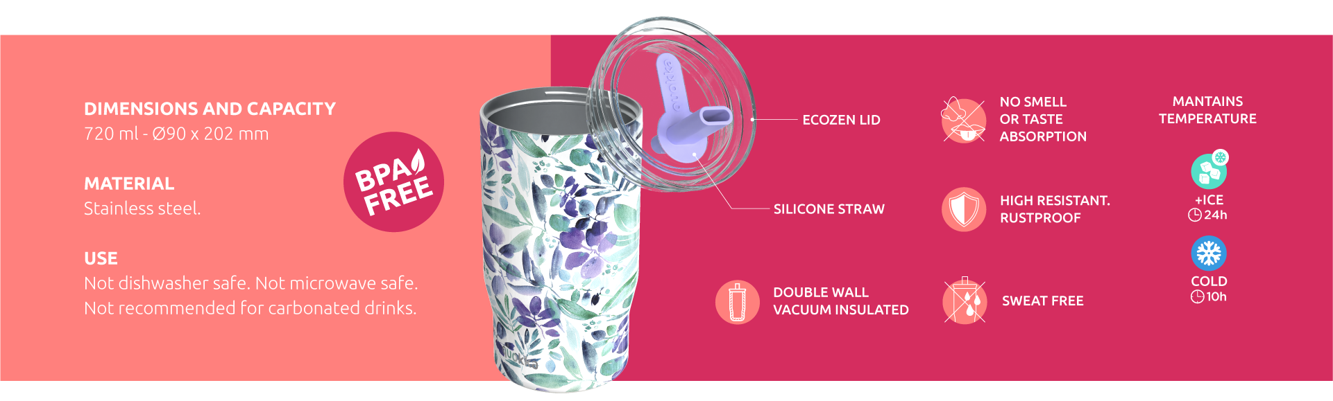 QUOKKA THERMAL SS STRAW TUMBLER MIST IVORY 720 ML