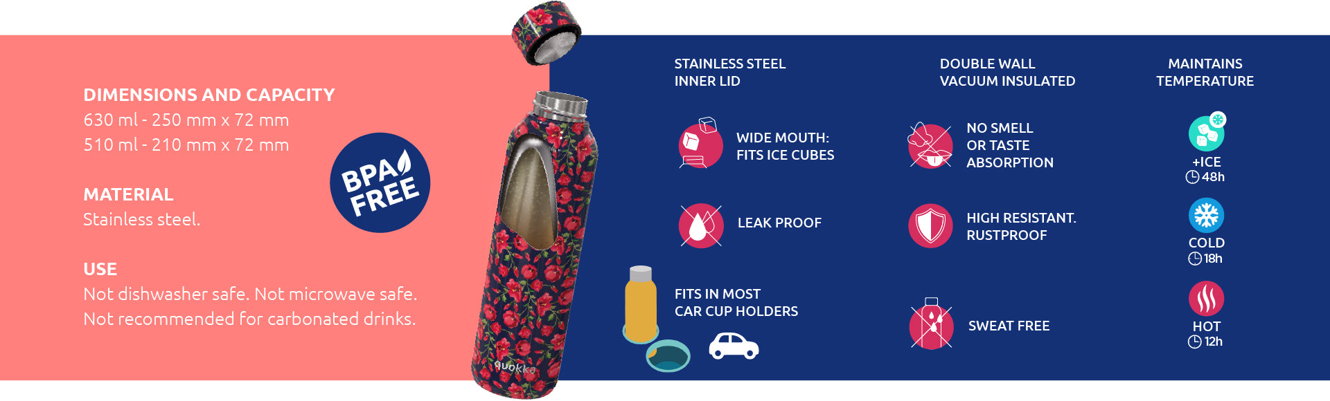 QUOKKA THERMAL SS BOTTLE SOLID SLEEK RUBY 630 ML