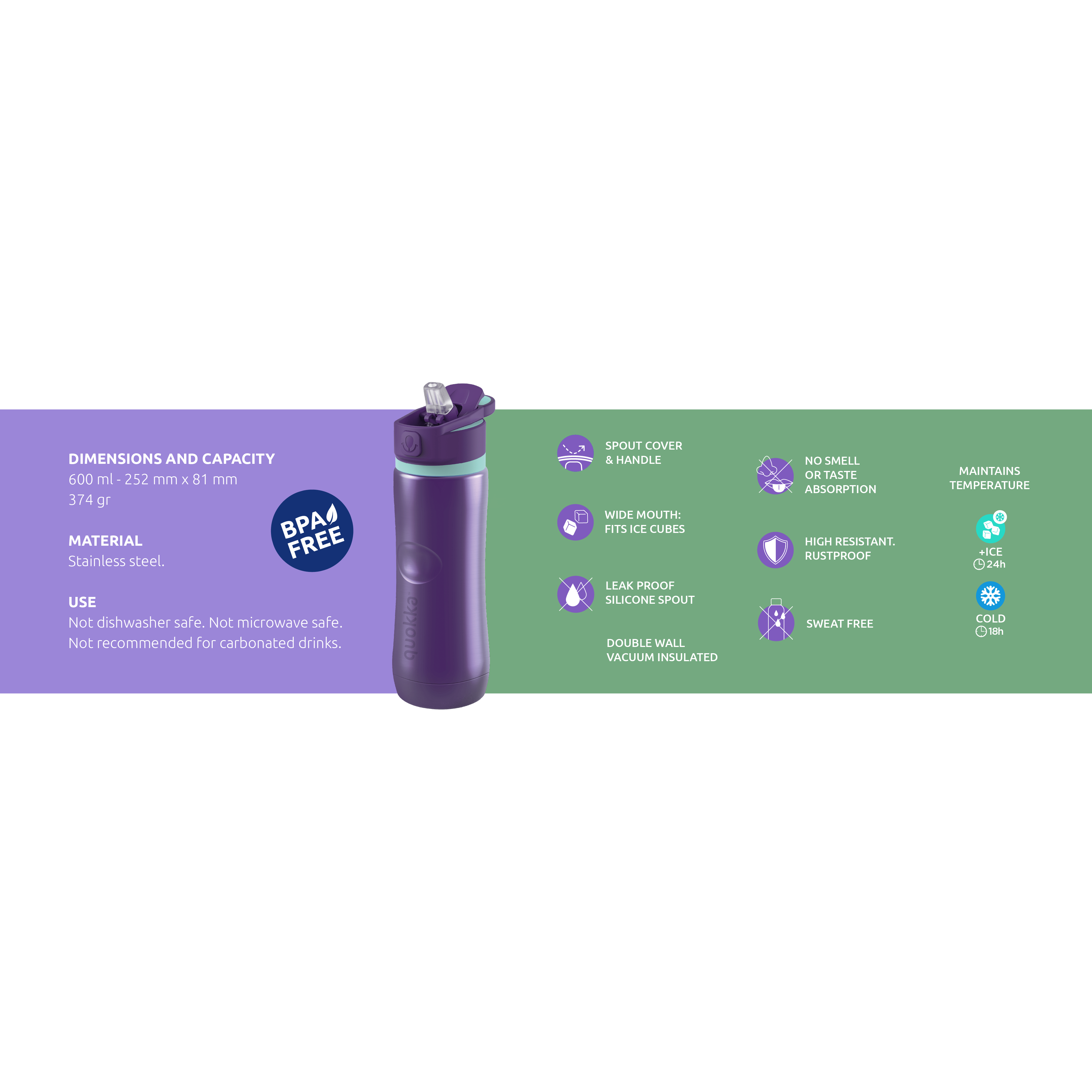 QUOKKA THERMAL SS BOTTLE SPRING AQUA VIOLET 600 ML