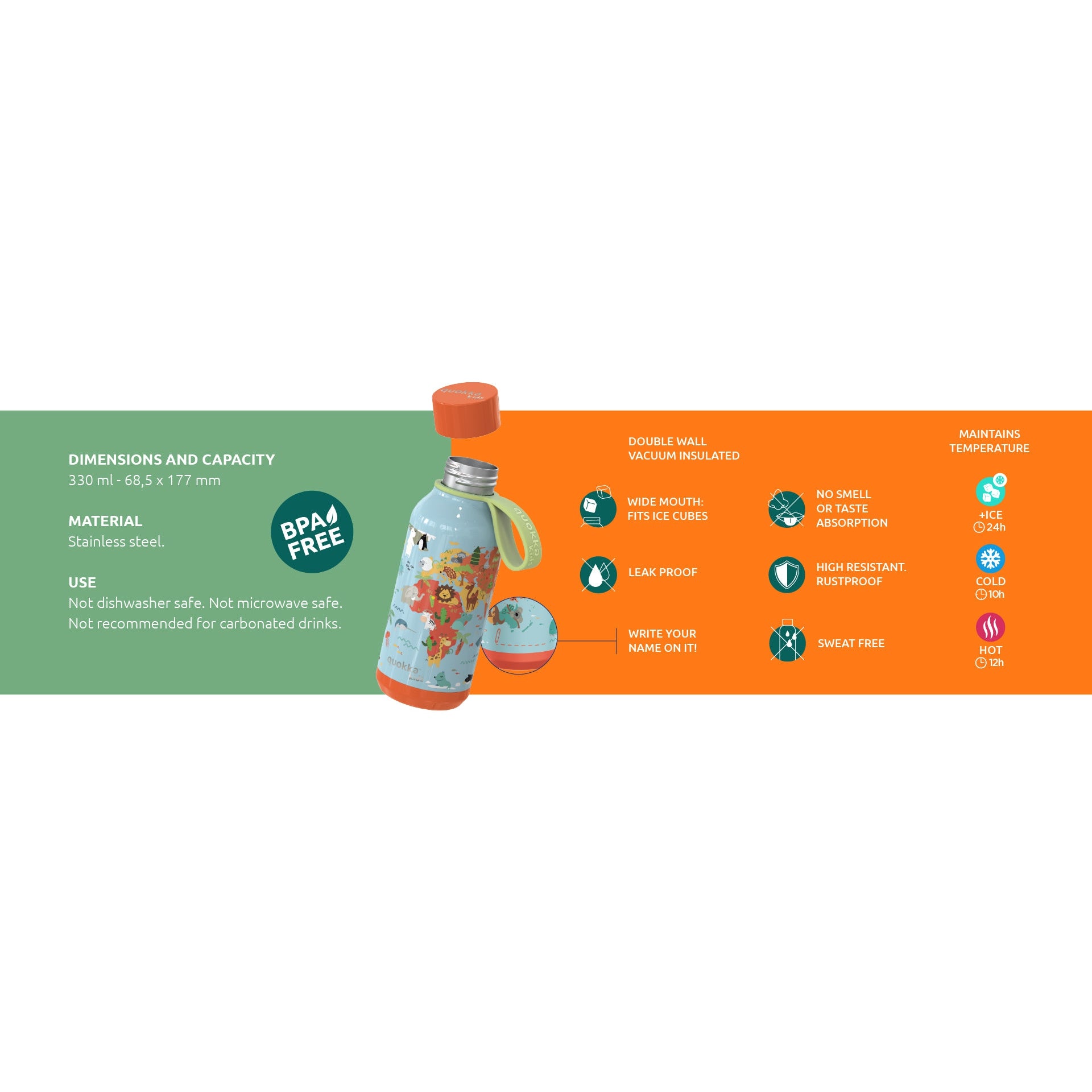 QUOKKA KIDS THERMAL SS BOTTLE SOLID WITH STRAP DINOSAUR 330 ML