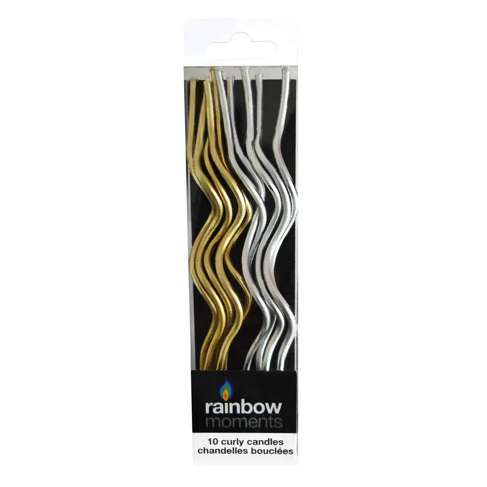 Gold/Silver Curly Candles: paraffin wax, 10-pack contains 5 gold, 5 silver